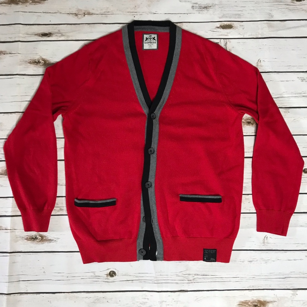 💛Express Button up V-neck Cardigan Red Stripes Sz L